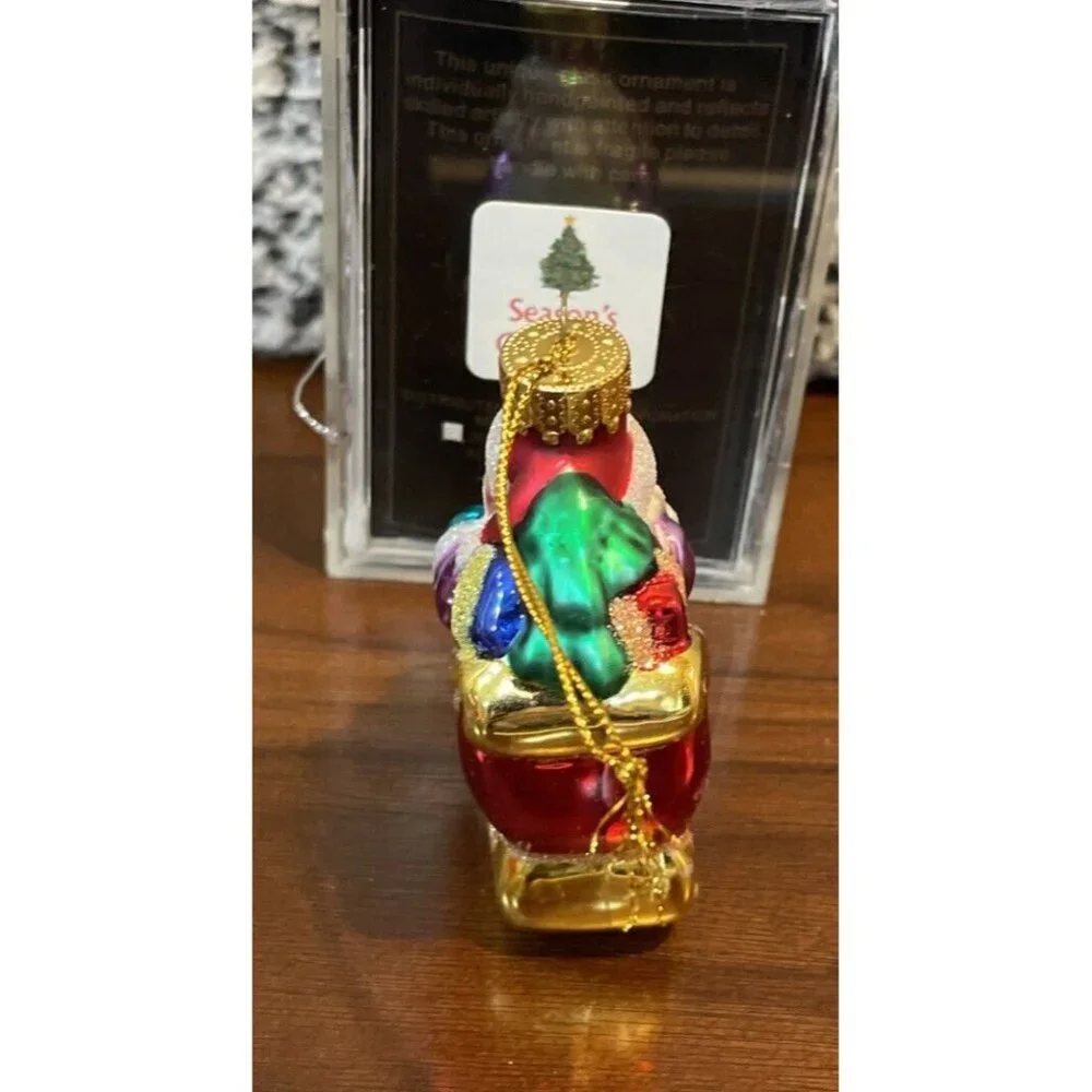 Vtg Santa Glass Christmas Ornament Red Sleigh Glitter 3